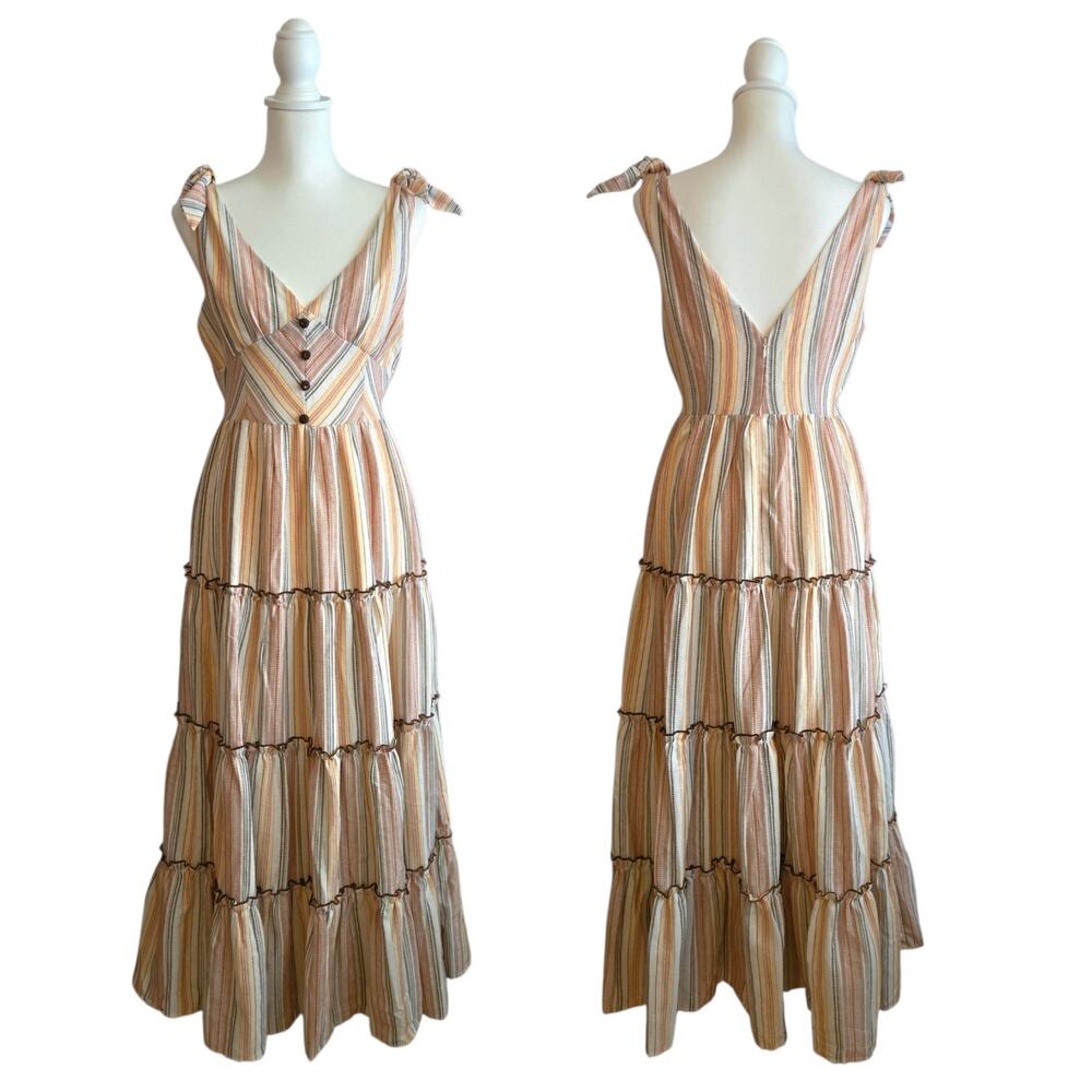 Cottagecore Camellia Textured Tiered Maxi Dress Small Bow Striped V Neck NWOT